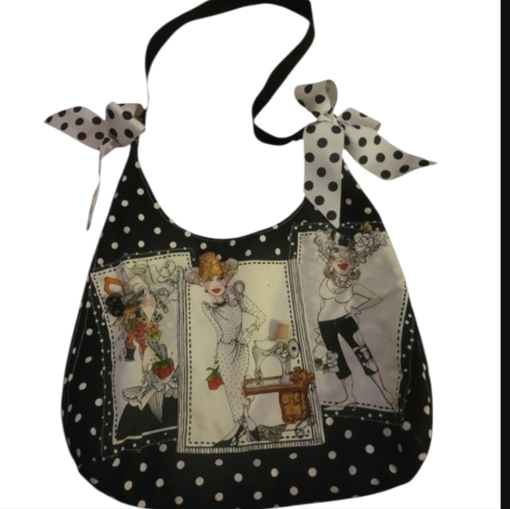 SALE Handmade Bag ByLoralie Harris, Graphic Fabric Panels Polka Dot Black White